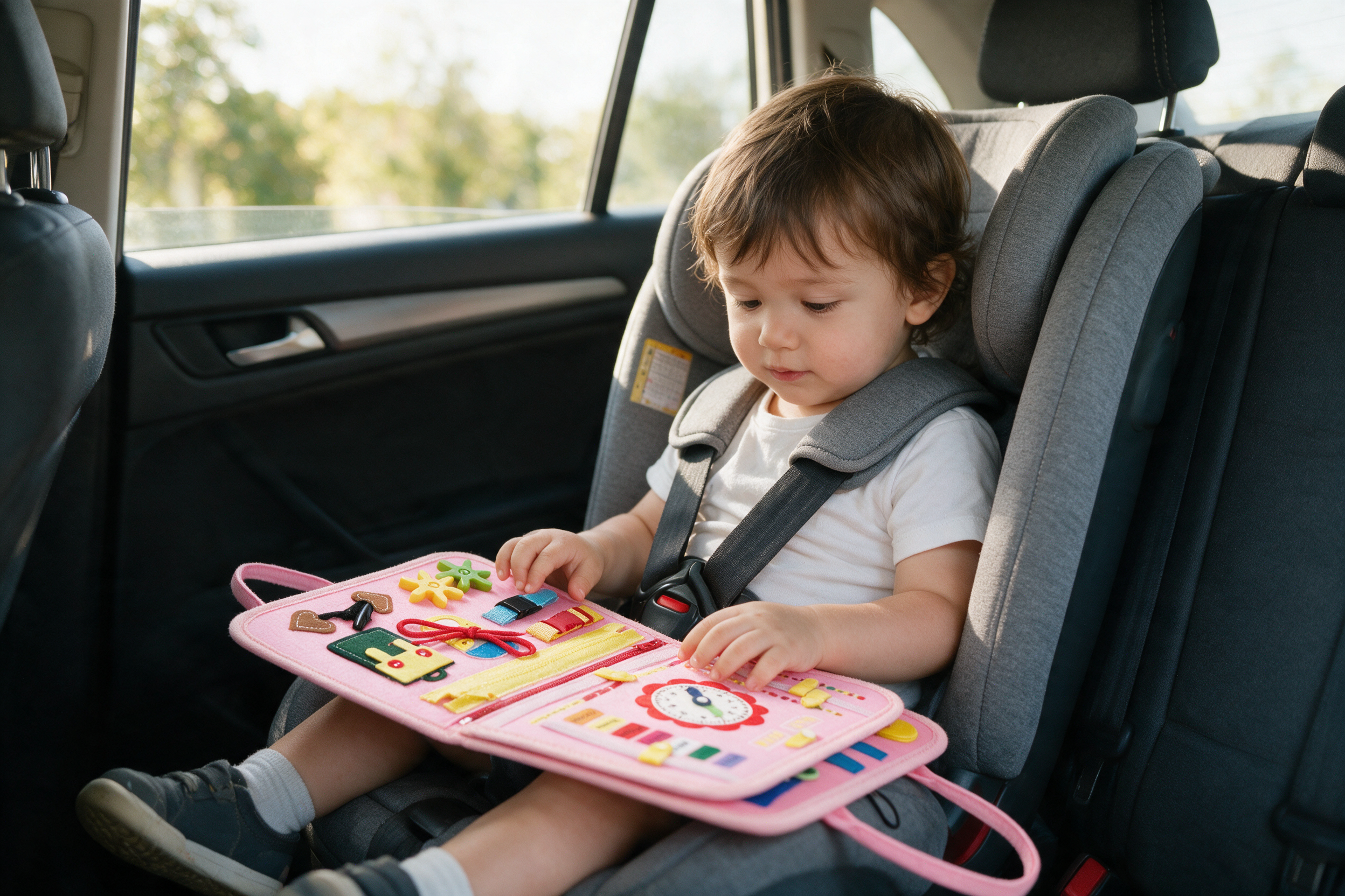 Toddler playing quietly with travel toys on a journey