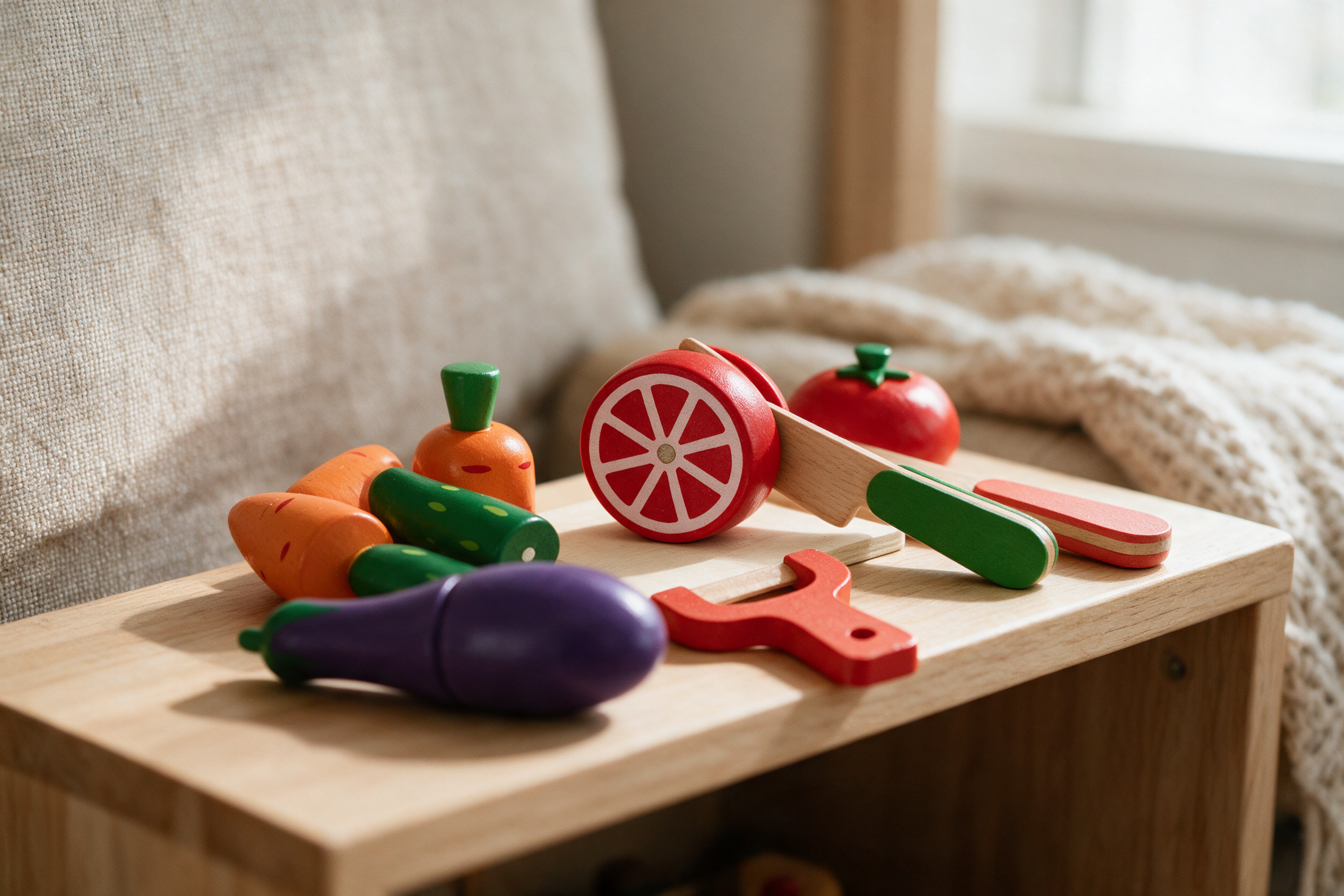 Colourful wooden Montessori-aligned toys arranged on a shelf