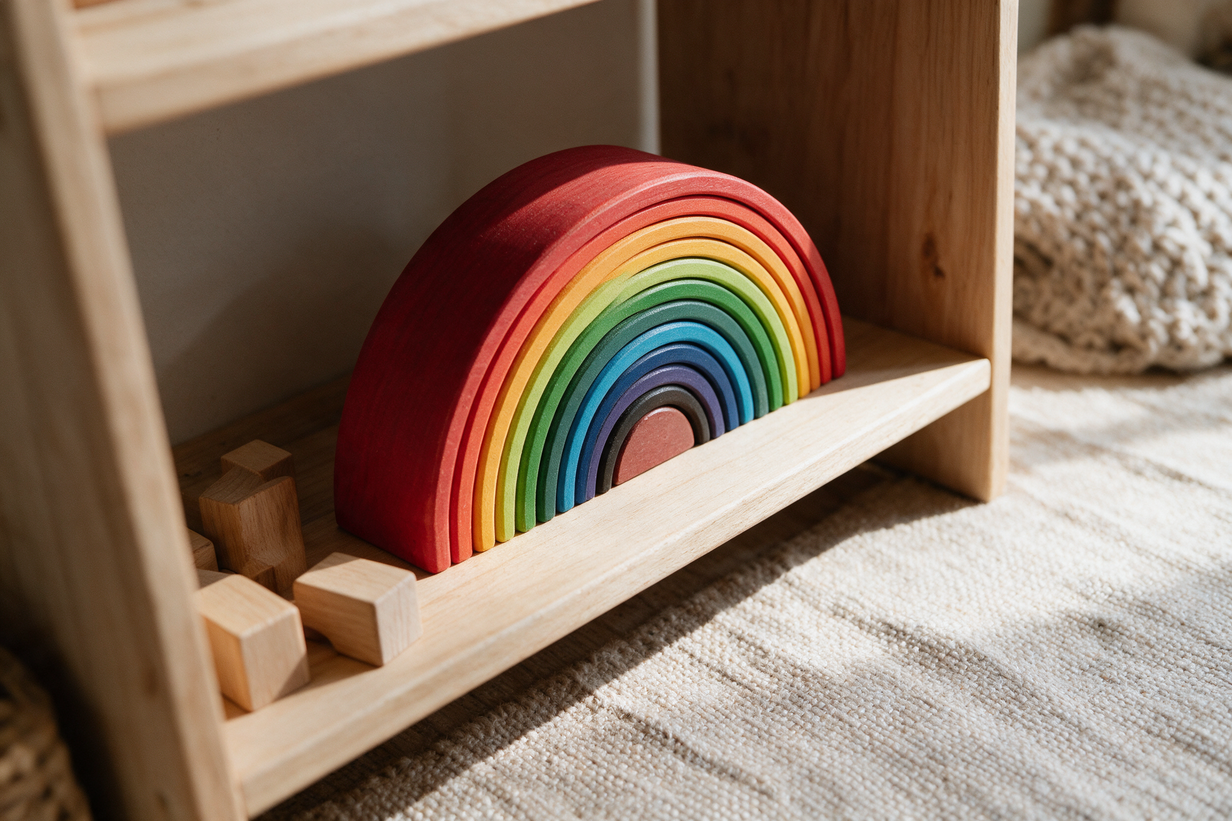 Colourful wooden rainbow stacking toy styled on a playroom shelf