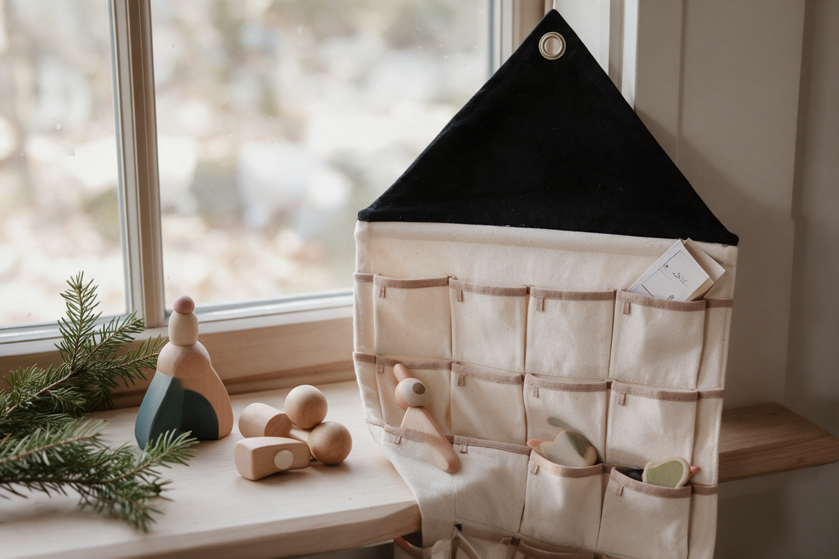 Wooden Montessori advent calendar with small toys and activity cards in its drawers