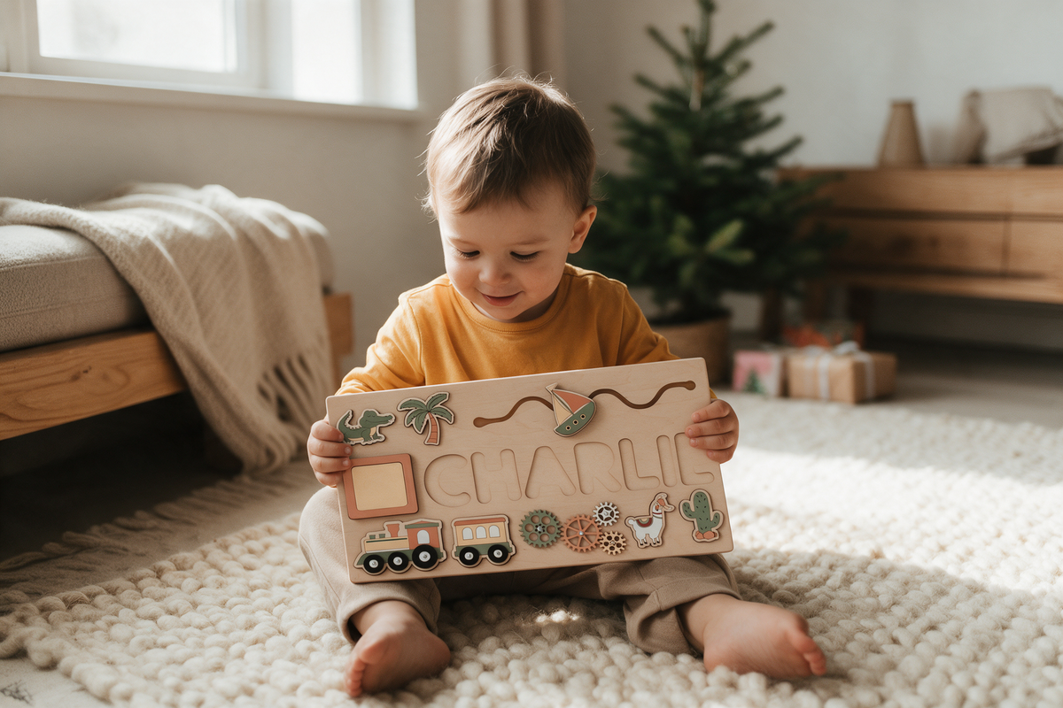 Toddler happily holding a personalised wooden name puzzle on Christmas morning