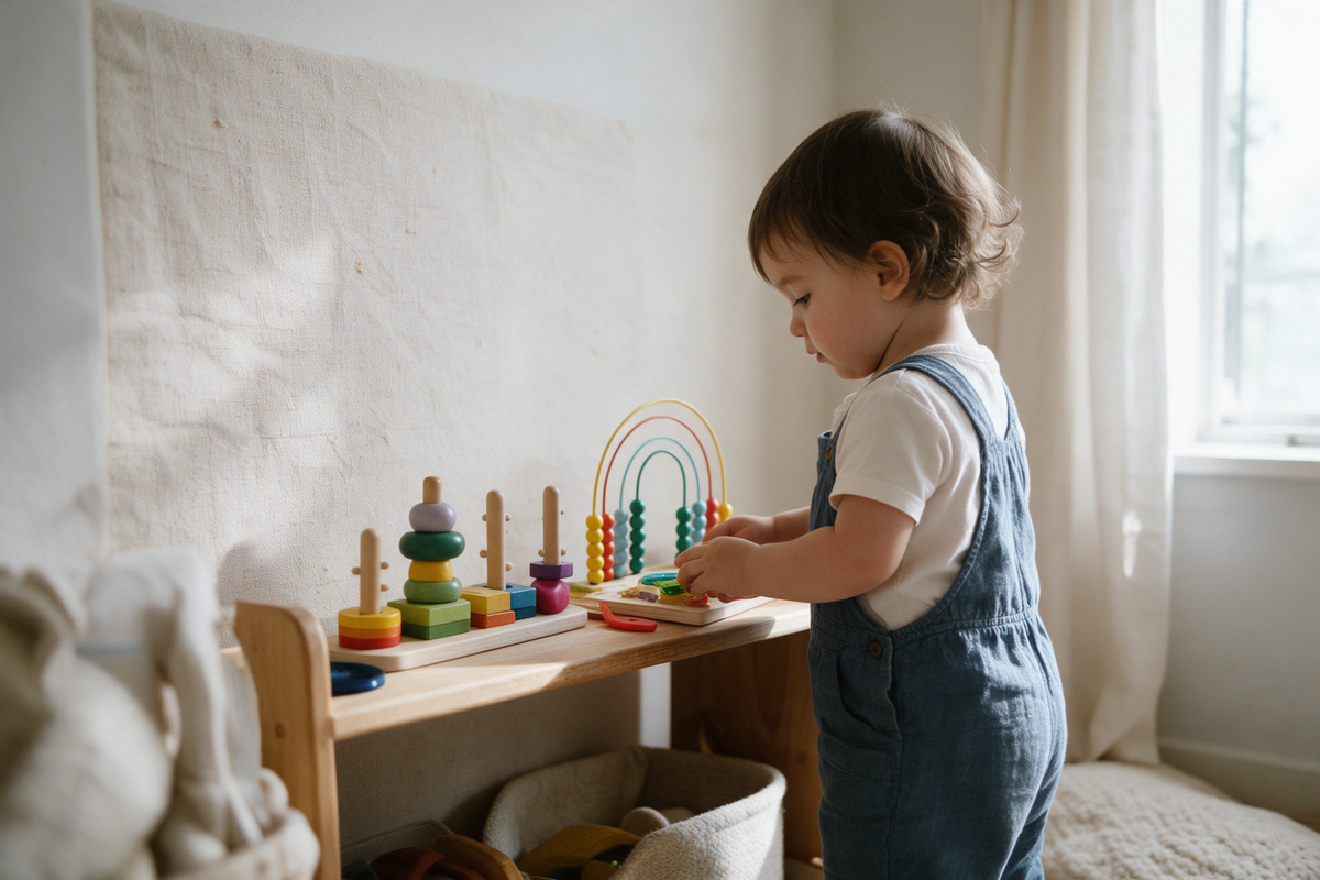 Toddler choosing a toy from a small, curated shelf of Montessori-style toys
