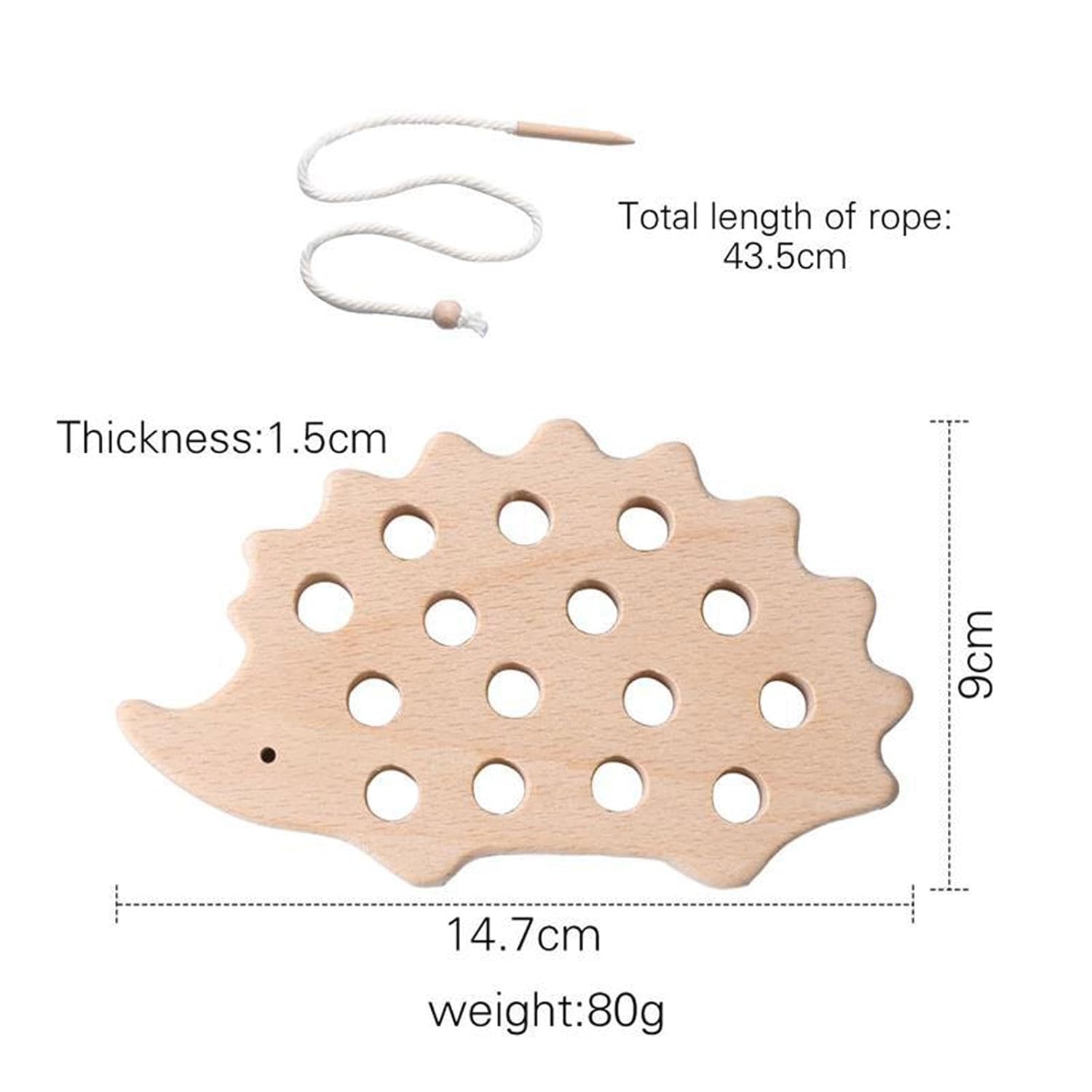 Size guide for the wooden hedgehog threading toy: 14.7 x 9 cm, 1.5 cm thick, 80 g