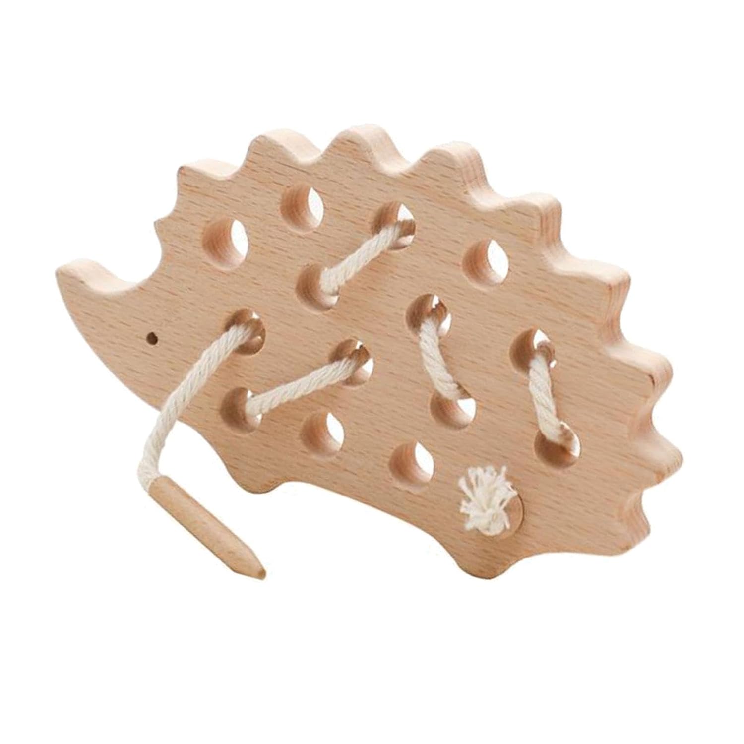 Wooden hedgehog threading toy with cotton lace and wooden needle on a white background