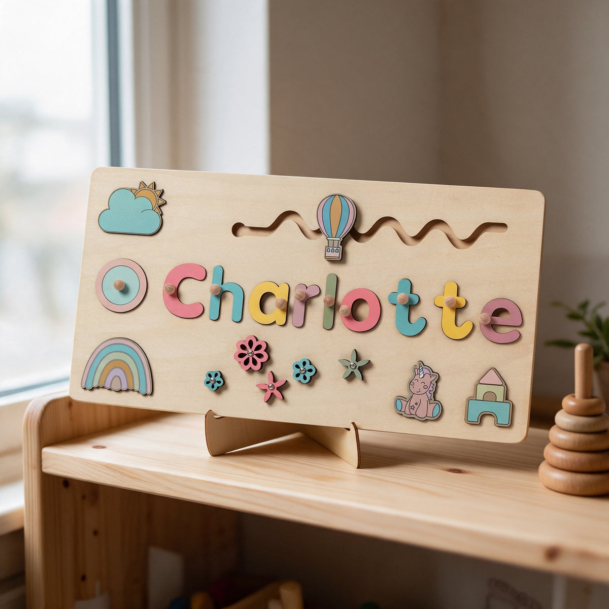 Toddlers Personalized Wooden Puzzle, Blossoms theme, on a shelf in a child's bedroom
