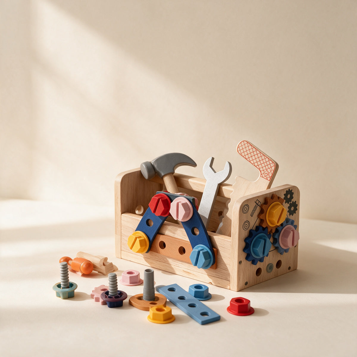 Wooden workshop toolbox with hammer, saw and wrench, colourful wooden nuts and bolts in front