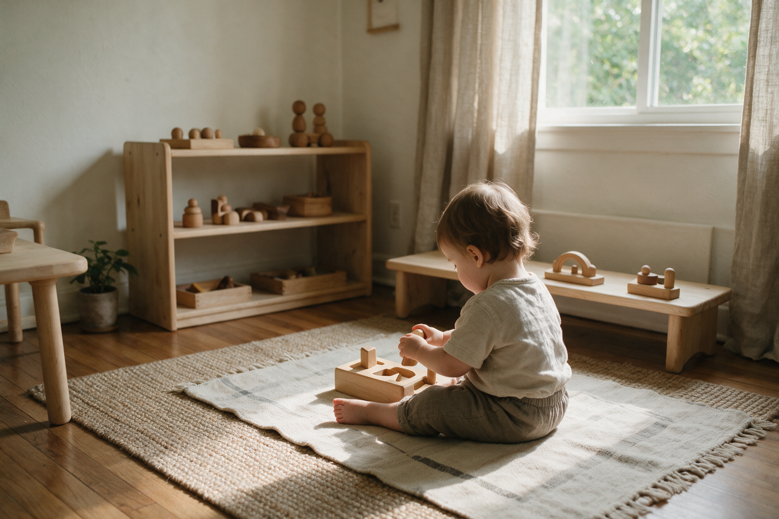 Toddler playing independently with a wooden shape sorter