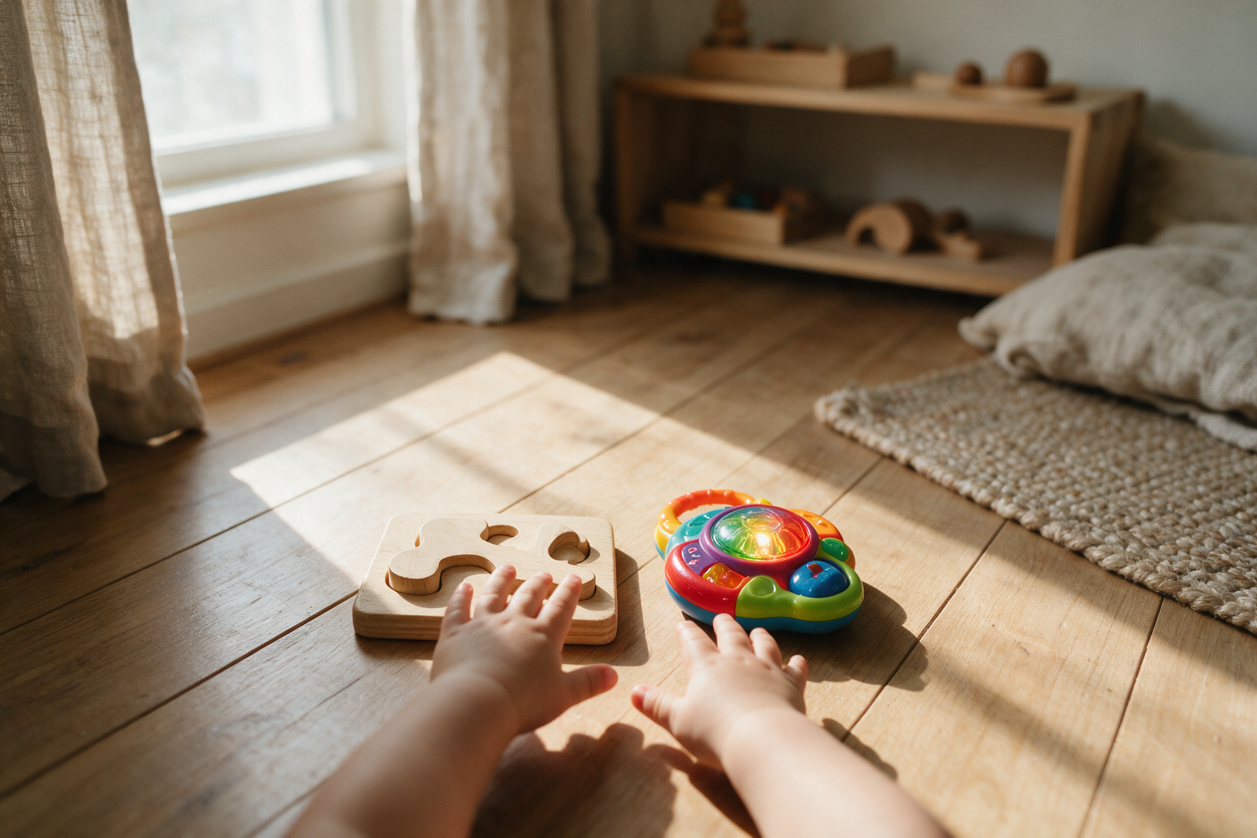 A toddler's hands choosing between a wooden puzzle and a plastic toy