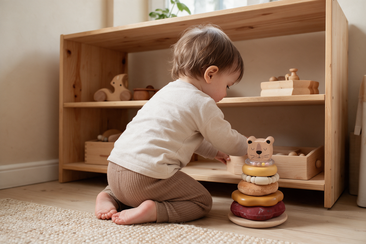 Toddler choosing a wooden stacking toy from a low shelf with a few carefully curated Montessori toys