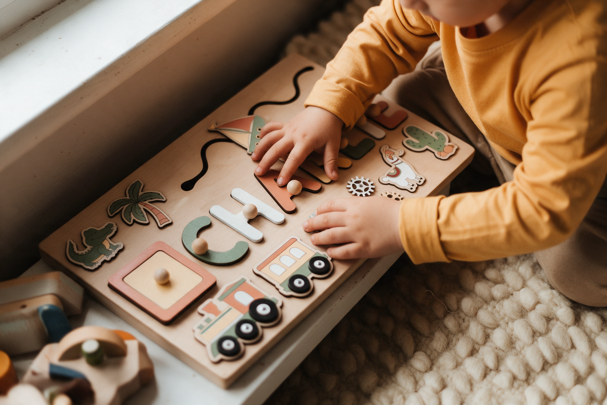 Toddler playing with a well-loved Personalised Wooden Puzzle