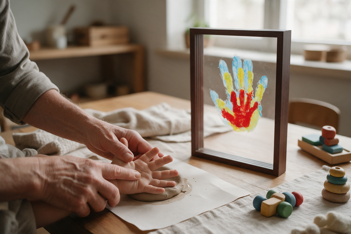 A grandparent and toddler making a handprint keepsake together