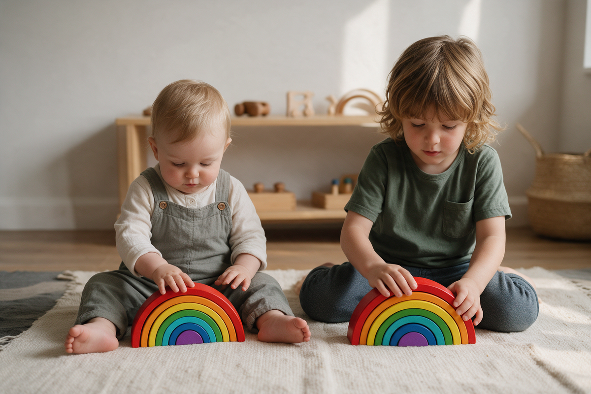 Two siblings of different ages playing side by side with a wooden stacking toy