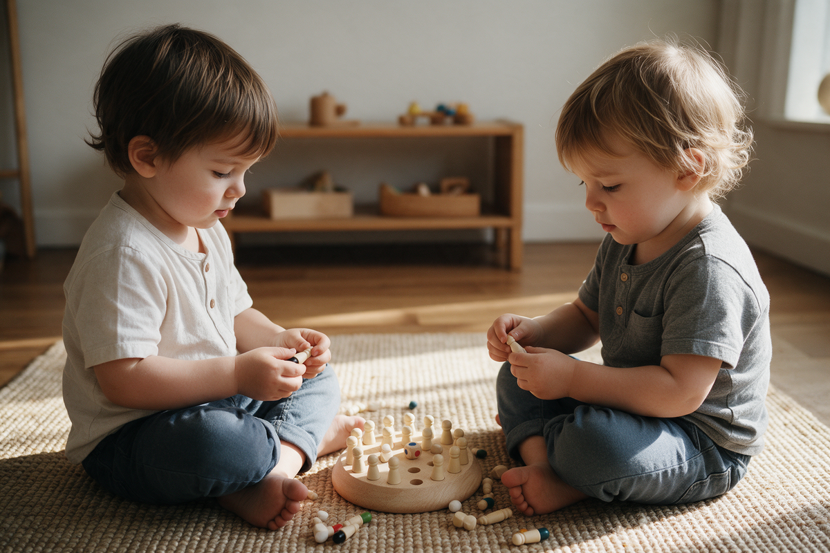 Twin toddlers playing a wooden memory matching game together on the floor