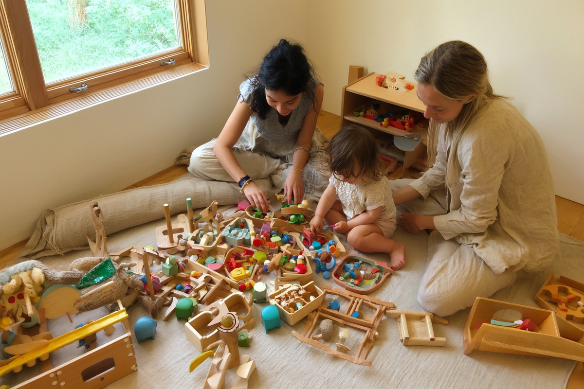 A parent and toddler sorting wooden Montessori-aligned toys together