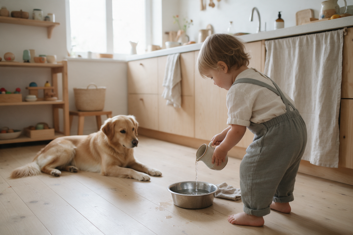 Toddler pouring water from a small jug into the family dog's water bowl