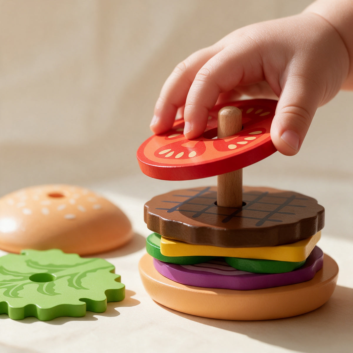 Toddler placing the wooden tomato slice onto the burger stacking toy
