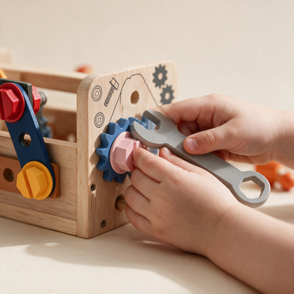 Child turning a wooden wrench on a bolt on the side of the wooden toolbox