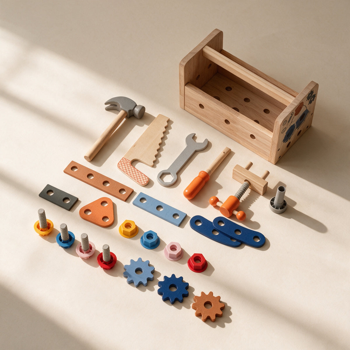 All 37 wooden tools and parts laid out beside the toolbox